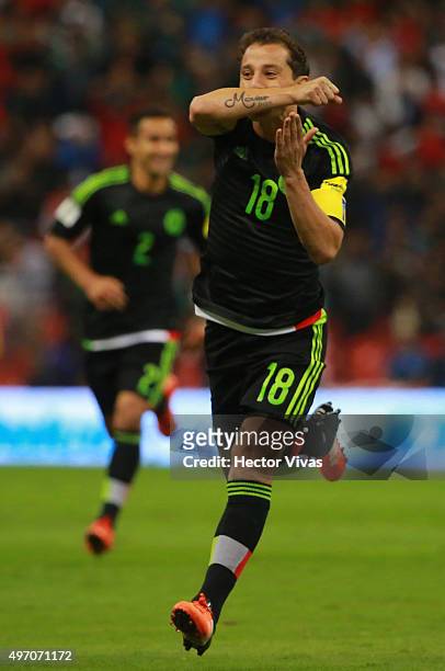 Andres Guardado of Mexico celebrates after scoring the first goal of his team during the match between Mexico and El Salvador as part of the 2018...
