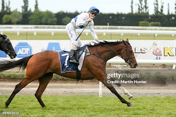 Jockey Matthew Cameron riding Risque celebrates winning race 7 NZ Bloodstock 1000 Guineas during Christchurch Casino New Zealand Cup Day at Riccarton...