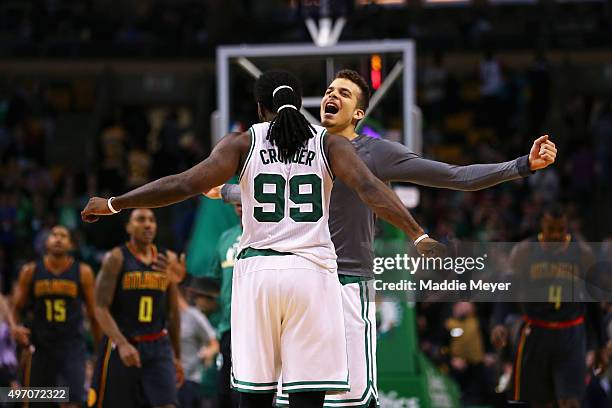 Hunter of the Boston Celtics and Jae Crowder celebrate during the fourth quarter against the Atlanta Hawks at TD Garden on November 13, 2015 in...