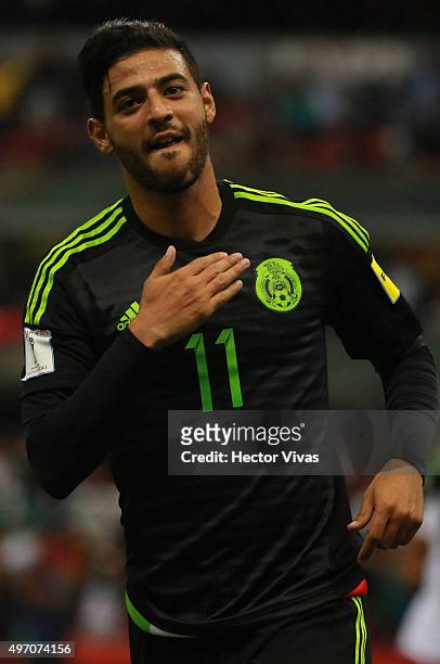 Carlos Vela of Mexico celebrates after scoring the third goal of his team during the match between Mexico and El Salvador as part of the 2018 FIFA...