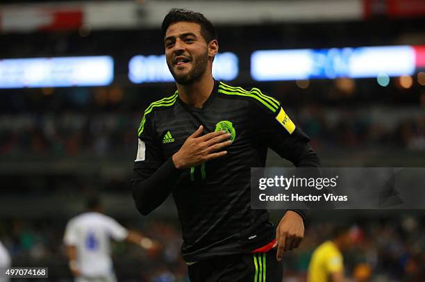 Carlos Vela of Mexico celebrates after scoring the third goal of his team during the match between Mexico and El Salvador as part of the 2018 FIFA...