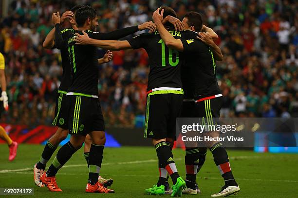 Hector Herrera celebrates after scoring the second goal of his team during the match between Mexico and El Salvador as part of the 2018 FIFA World...