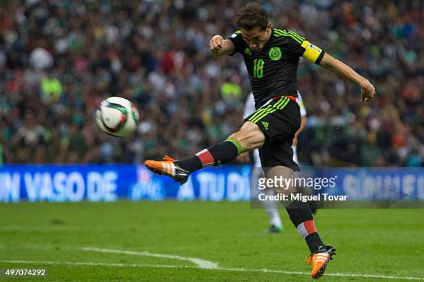 Andres Guardado of Mexico kicks the ball during the match between Mexico and El Salvador as part of the 2018 FIFA World Cup Qualifiers at Azteca...