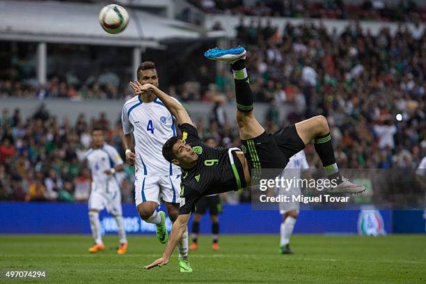 Raul Jimenez of Mexico tries to score with a bycicle kick during the match between Mexico and El Salvador as part of the 2018 FIFA World Cup...