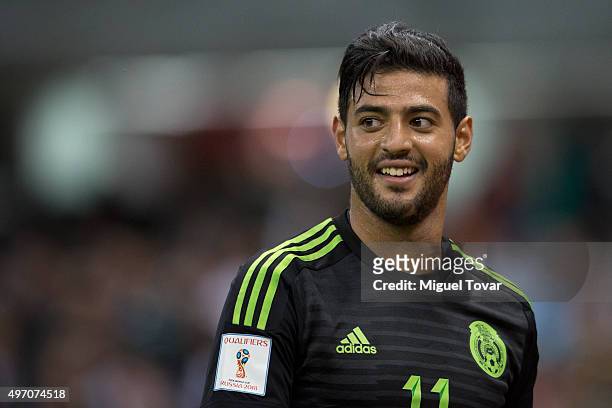 Carlos Vela of Mexico gestures during the match between Mexico and El Salvador as part of the 2018 FIFA World Cup Qualifiers at Azteca Stadium on...