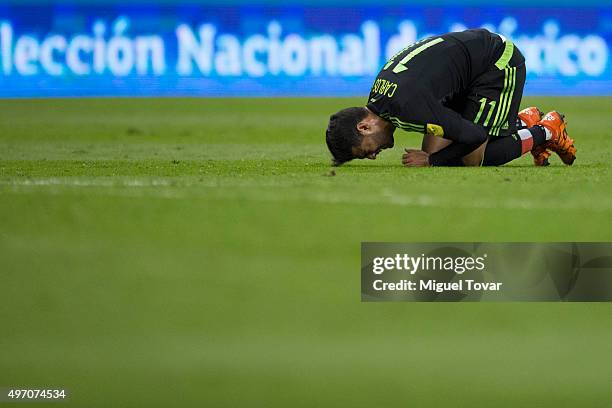 Carlos Vela of Mexico grimaces in pain after been fouled during the match between Mexico and El Salvador as part of the 2018 FIFA World Cup...