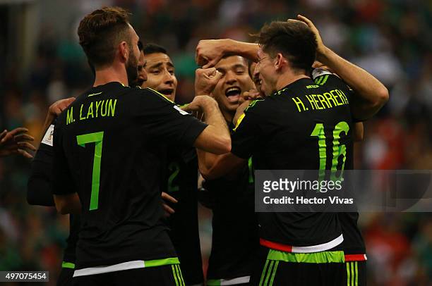 Hector Herrera celebrates after scoring the second goal of his team during the match between Mexico and El Salvador as part of the 2018 FIFA World...