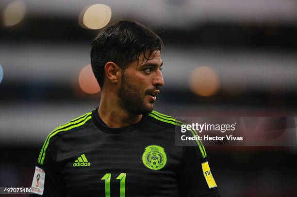 Carlos Vela of Mexico looks on during the match between Mexico and El Salvador as part of the 2018 FIFA World Cup Qualifiers at Azteca Stadium on...