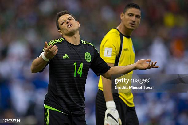 Javier Hernandez of Mexico reacts during the match between Mexico and El Salvador as part of the 2018 FIFA World Cup Qualifiers at Azteca Stadium on...