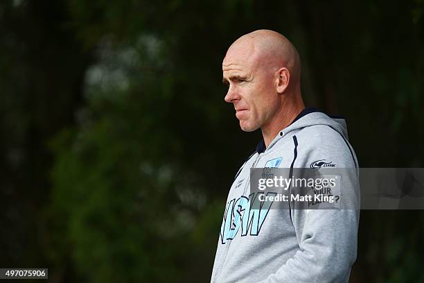 Blues coach Trent Johnston looks on during day one of the Sheffield Shield match between New South Wales and Tasmania at Bankstown Oval on November...