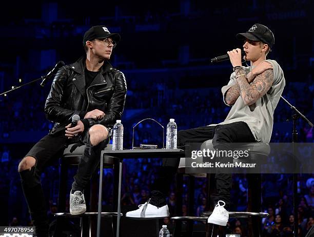 Singer/songwriter Justin Bieber and pastor Judah Smith speak onstage during an evening with Justin Bieber to celebrate the release of his new album...