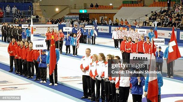 Curlers attend the opening ceremony during World Women's Curling Championship at Aomori Prefecture Skate Center on March 17, 2007 in Aomori, Japan.