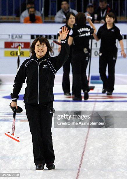 Moe Meguro and curlers of Japan celebrate their win against Germany during World Women's Curling Championship at Aomori Prefecture Skate Center on...