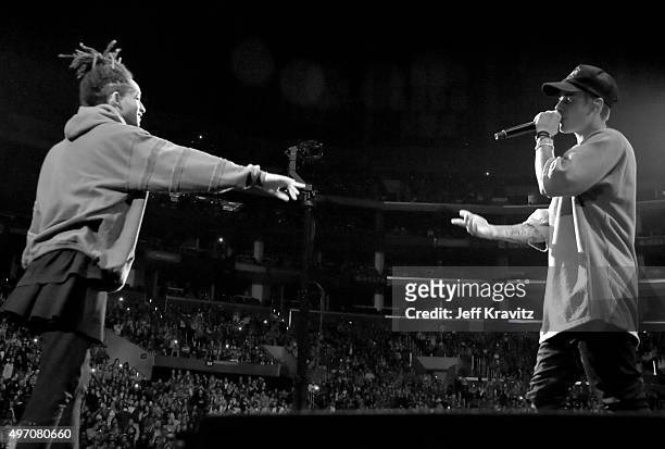 Actor/singer Jaden Smith and singer/songwriter Justin Bieber perform onstage during an evening with Justin Bieber to celebrate the release of his new...