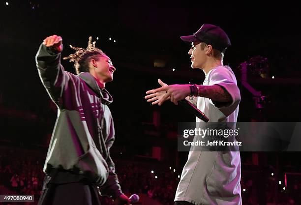 Actor/singer Jaden Smith and singer/songwriter Justin Bieber perform onstage during an evening with Justin Bieber to celebrate the release of his new...