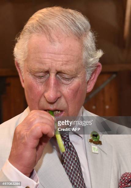 Britain's Prince Charles tastes local asparagus at Oranje Tractor Centre during a visit to Albany on November 14, 2015. Prince Charles and his wife...