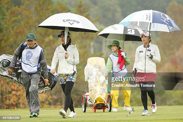 Teresa Lu of Taiwan and Bo-Mee Lee of South Korea at 7th tee ground during the second round of the Itoen Ladies Golf Tournament 2015 at the Great...