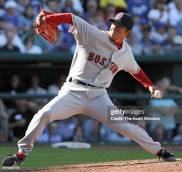 Pitcher Hideki Okajima of the Boston Red Sox throws in the sixth inning during the game against Kansas City Royals at Kauffman Stadium on April 2,...