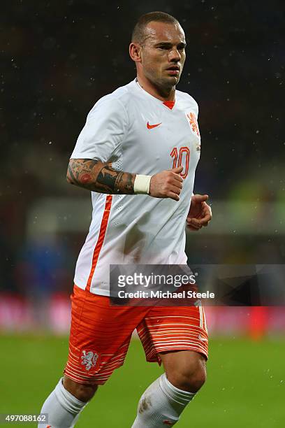 Wesley Sneijder of Netherlands during the international friendly match between Wales and Netherlands at Cardiff City Stadium on November 13, 2015 in...