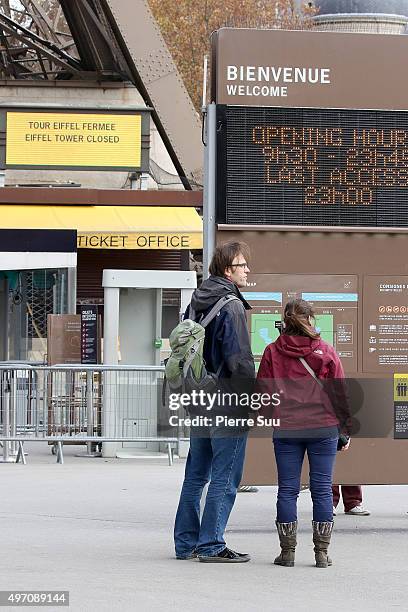 Ambiance outside the Eiffel Tower following its closure for security reasons on November 14, 2015 in Paris, France. At least 120 people have been...