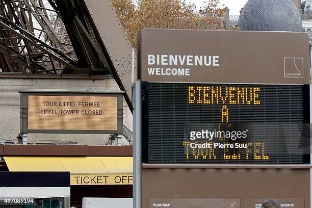 Ambiance outside the Eiffel Tower following its closure for security reasons on November 14, 2015 in Paris, France. At least 120 people have been...