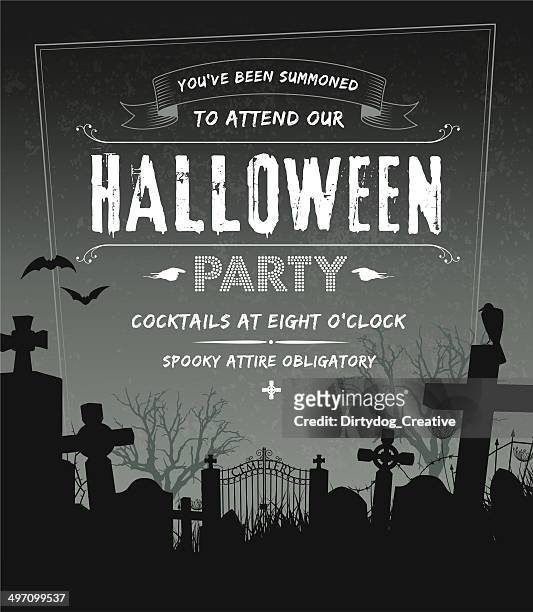 spooky halloween party invite complete with cemetery and grunge background - informationsgrafik stock illustrations