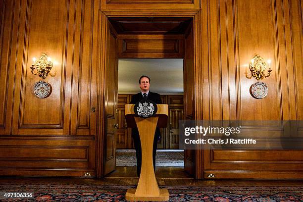 British Prime Minister David Cameron speaks in the State Dining Room of 10 Downing Street after chairing an emergency Cobra meeting on November 14,...