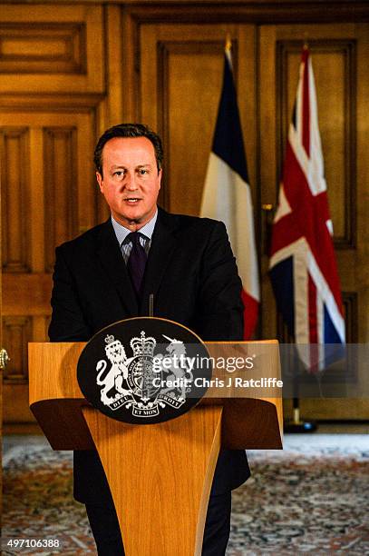 British Prime Minister David Cameron speaks in the State Dining Room of 10 Downing Street after chairing an emergency Cobra meeting on November 14,...