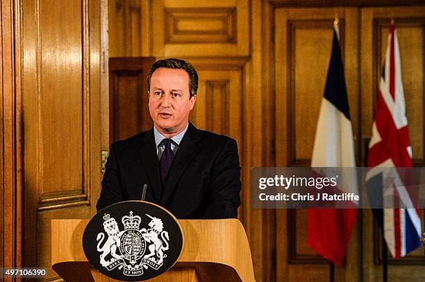 British Prime Minister David Cameron speaks in the State Dining Room of 10 Downing Street after chairing an emergency Cobra meeting on November 14,...