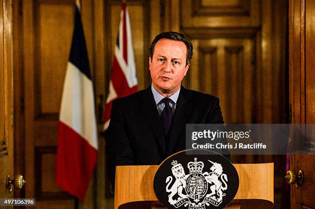 British Prime Minister David Cameron speaks in the State Dining Room of 10 Downing Street after chairing an emergency Cobra meeting on November 14,...