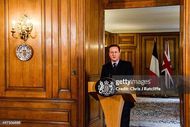 British Prime Minister David Cameron speaks in the State Dining Room of 10 Downing Street after chairing an emergency Cobra meeting on November 14,...