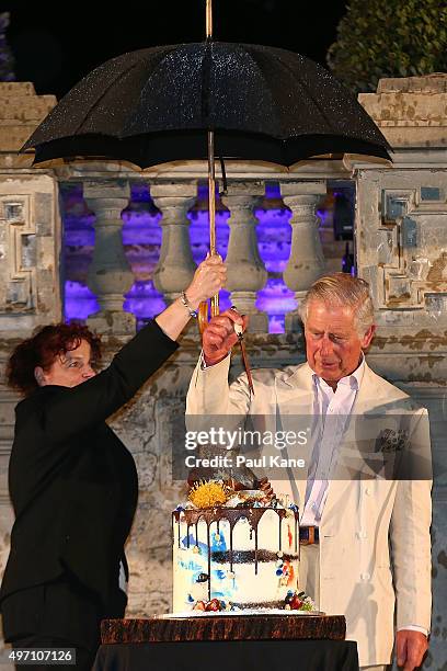 Prince Charles, Prince of Wales prepares to cut his bithday cake during a reception with Camilla, Duchess of Cornwall to celebrate the Prince's...