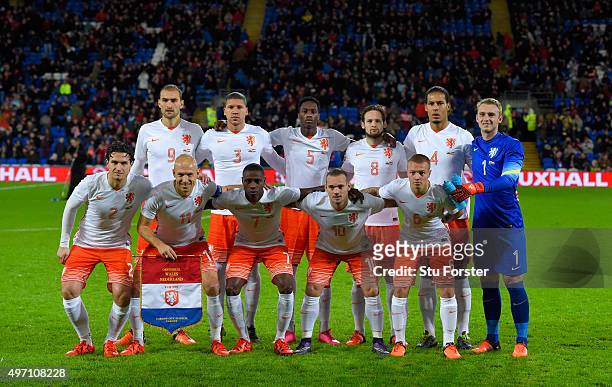 The Netherlands team line up for a picture before the friendly International match between Wales and Netherlands at Cardiff City Stadium on November...