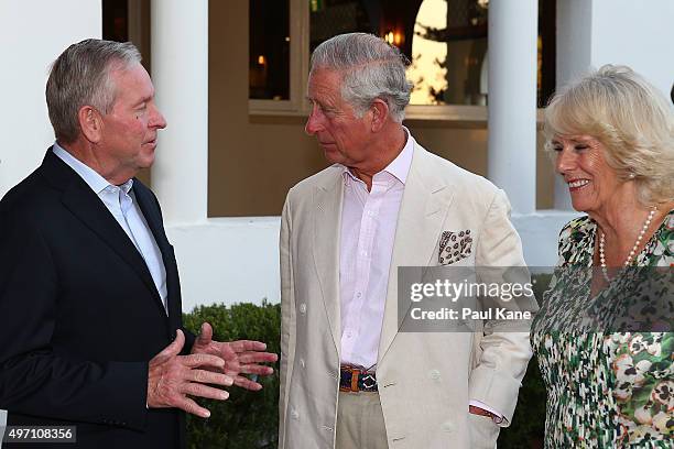 West Australian Premier Colin Barnett greets Prince Charles, Prince of Wales and Camilla, Duchess of Cornwall on arrival for a reception to celebrate...