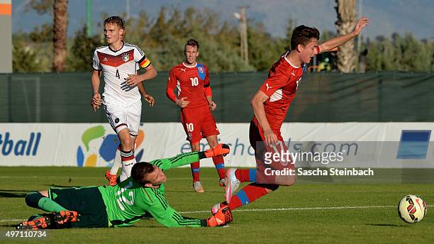 Goalkeeper Philipp Koehn of Germany saves against Daniel Novak of Czech Republic during the U18 four nations friendly tournament match between...