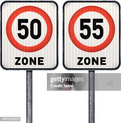 Two rectangular speed limit zone 50 and 55 road signs Two rectangular speed limit zone 50 and 55 road signs