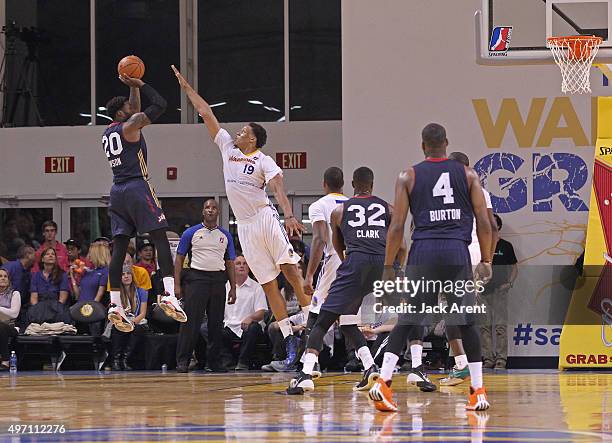 Branden Dawson of the Bakersfield Jam shoots the ball against the Santa Cruz Warriors on November 13, 2015 at Kaiser Permanente Arena in Santa Cruz,...