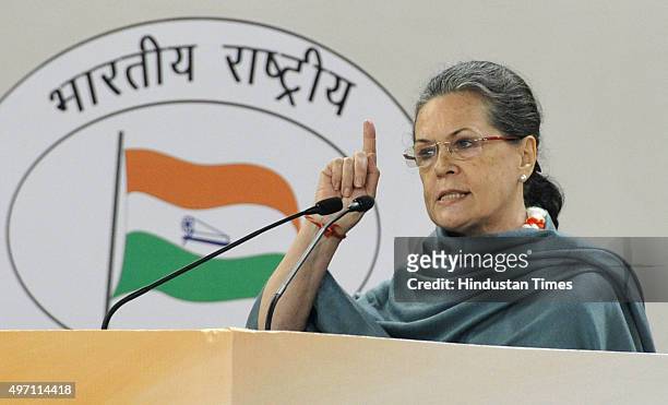 Congress President Sonia Gandhi addresses at the culmination of 125th birth anniversary of first Prime Minister of India Pandit Jawharlal Nehru on...