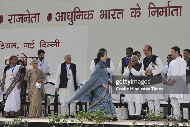 Congress President Sonia Gandhi greets party leaders after addressing at the culmination of 125th birth anniversary of first Prime Minister of India...