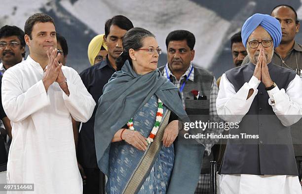 Congress President Sonia Gandhi, Vice President Rahul Gandhi and former Prime Minister Manmohan Singh at the culmination of 125th birth anniversary...