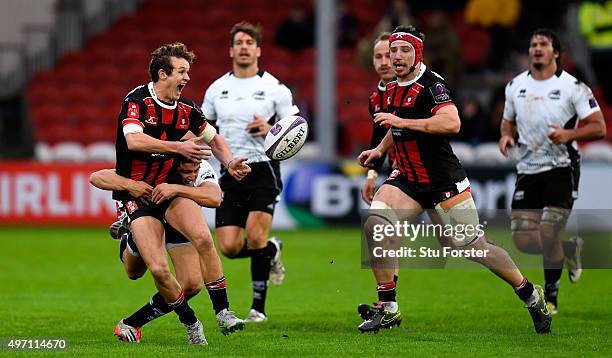 Gloucester fly half Billy Burns makes a break to set up the first Gloucester try during the European Rugby Challenge Cup match between Gloucester and...