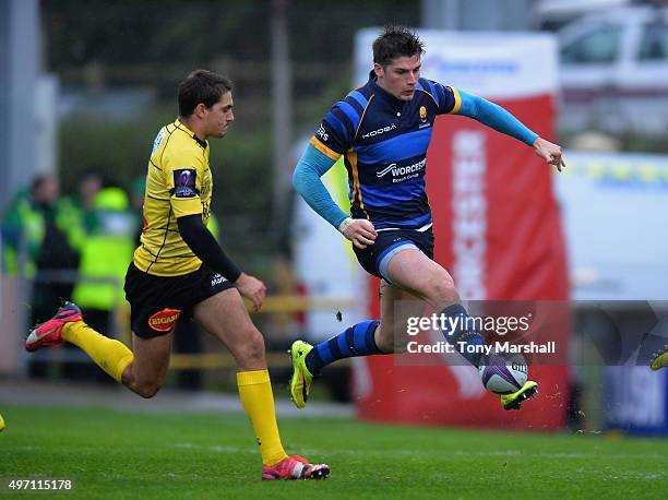 Ben Howard of Worcester Warriors taps the ball forward during the European Rugby Challenge Cup match between Worcester Warriors and La Rochelle at...