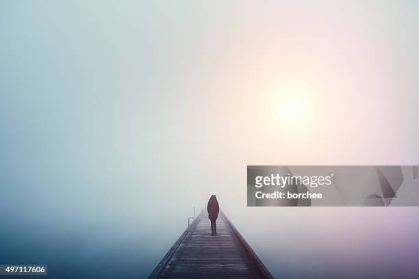 crossing the bridge - loneliness stock pictures, royalty-free photos & images