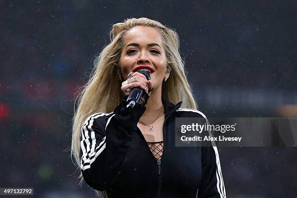 Singer Rita Ora performs at halftime during the David Beckham Match for Children in aid of UNICEF between Great Britain & Ireland and Rest of the...