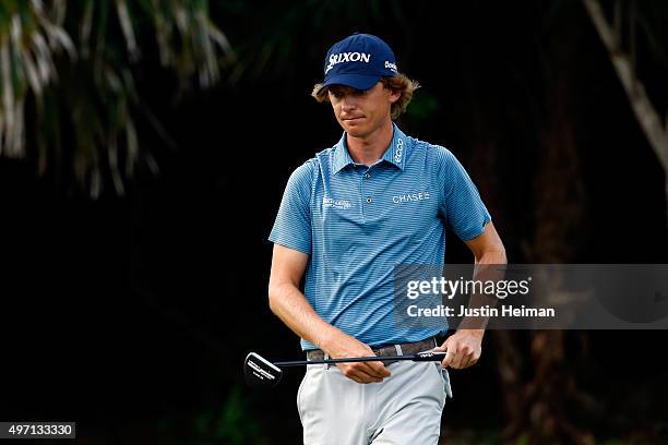 Will Wilcox of the United States reacts after putting on the first hole during the third round of the OHL Classic at the Mayakoba El Camaleon Golf...