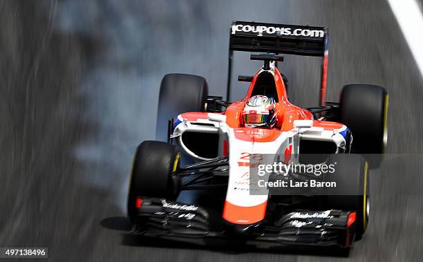 Will Stevens of Great Britain and Manor Marussia locks up during qualifying for the Formula One Grand Prix of Brazil at Autodromo Jose Carlos Pace on...