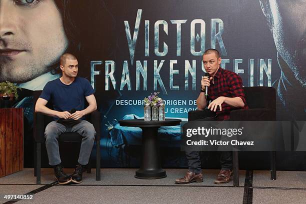 Actors Daniel Radcliffe and James McAvoy attend a photo call and press conference to promote their new film "Victor Frankenstein" at Four Seasons...