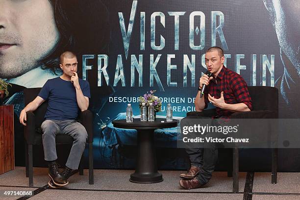 Actors Daniel Radcliffe and James McAvoy attend a photo call and press conference to promote their new film "Victor Frankenstein" at Four Seasons...