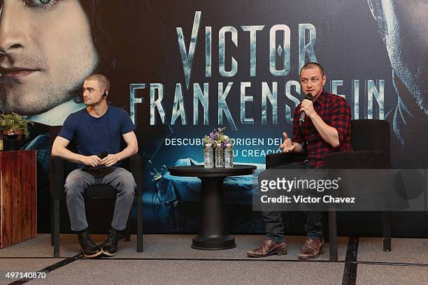 Actors Daniel Radcliffe and James McAvoy attend a photo call and press conference to promote their new film "Victor Frankenstein" at Four Seasons...