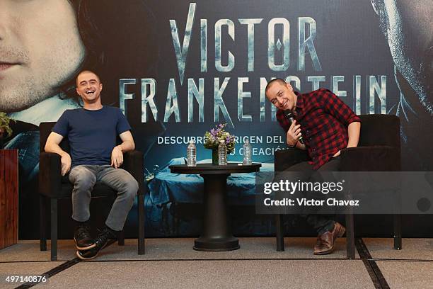 Actors Daniel Radcliffe and James McAvoy attend a photo call and press conference to promote their new film "Victor Frankenstein" at Four Seasons...